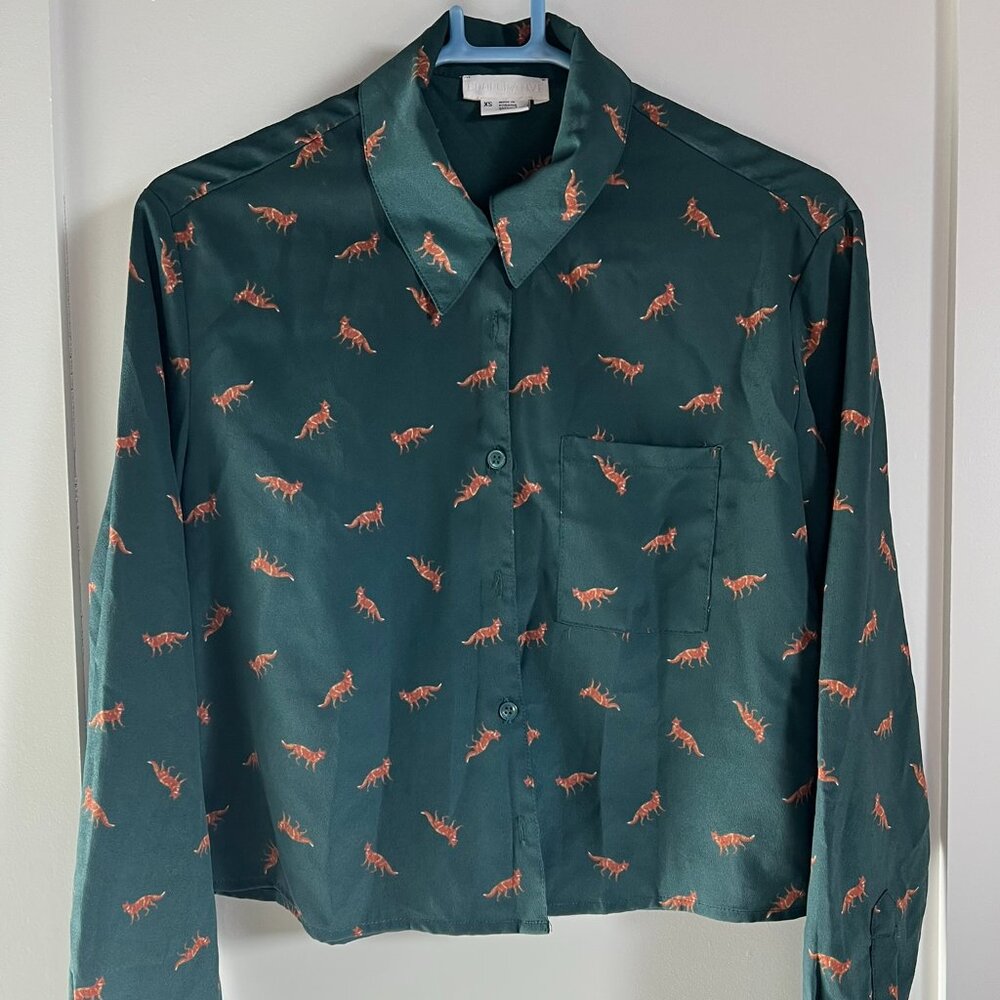 Cooperative Green Fox Print Button-Down Blouse – XS